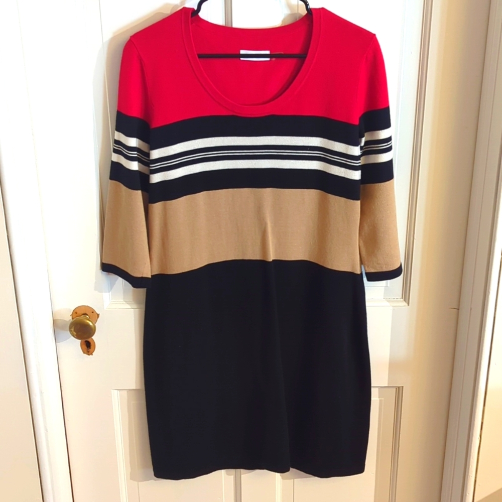 Calvin Klein striped dress, women's large, mid-length sleeves red, white & black